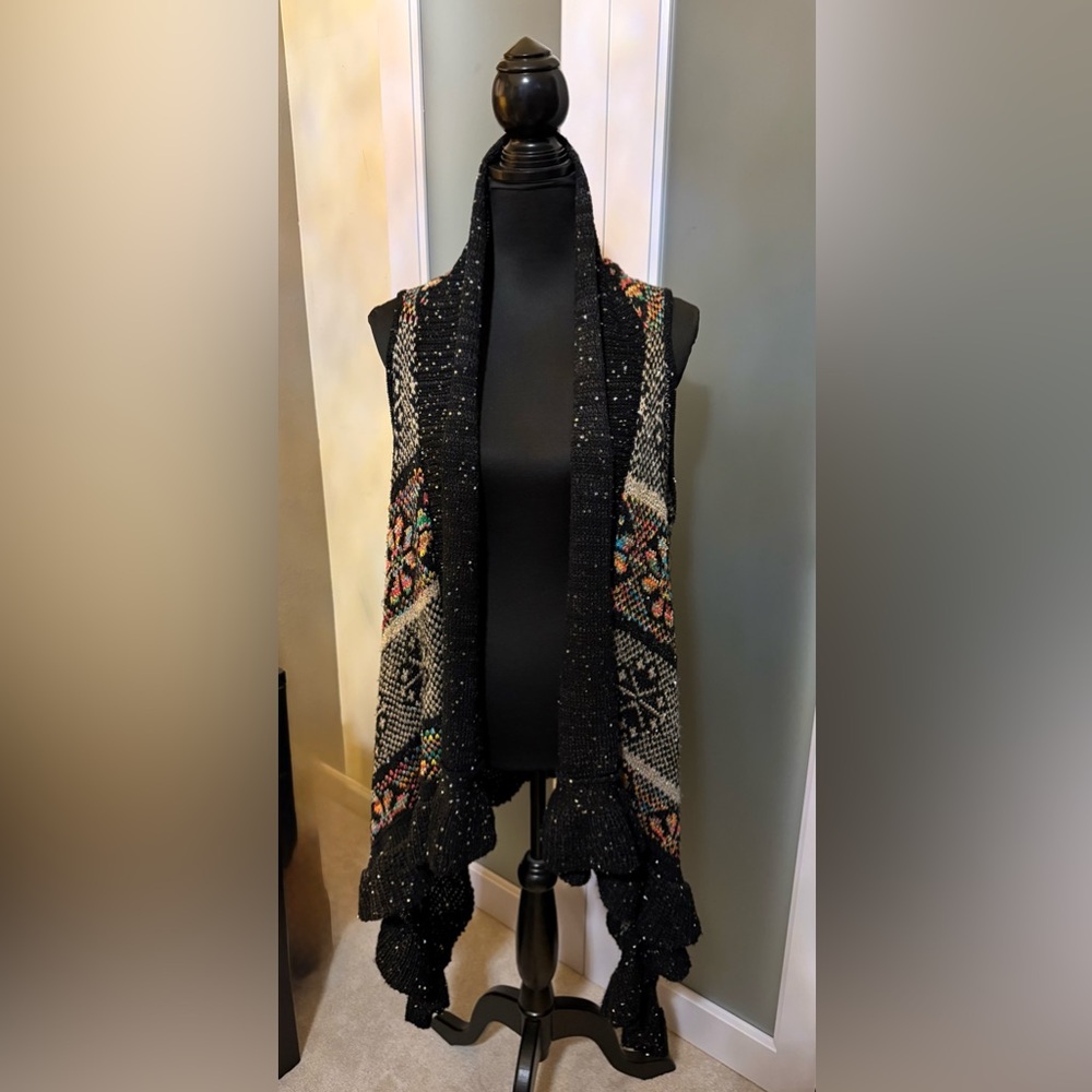 Ladies Black and Multicolor Patterned Sweater Vest
